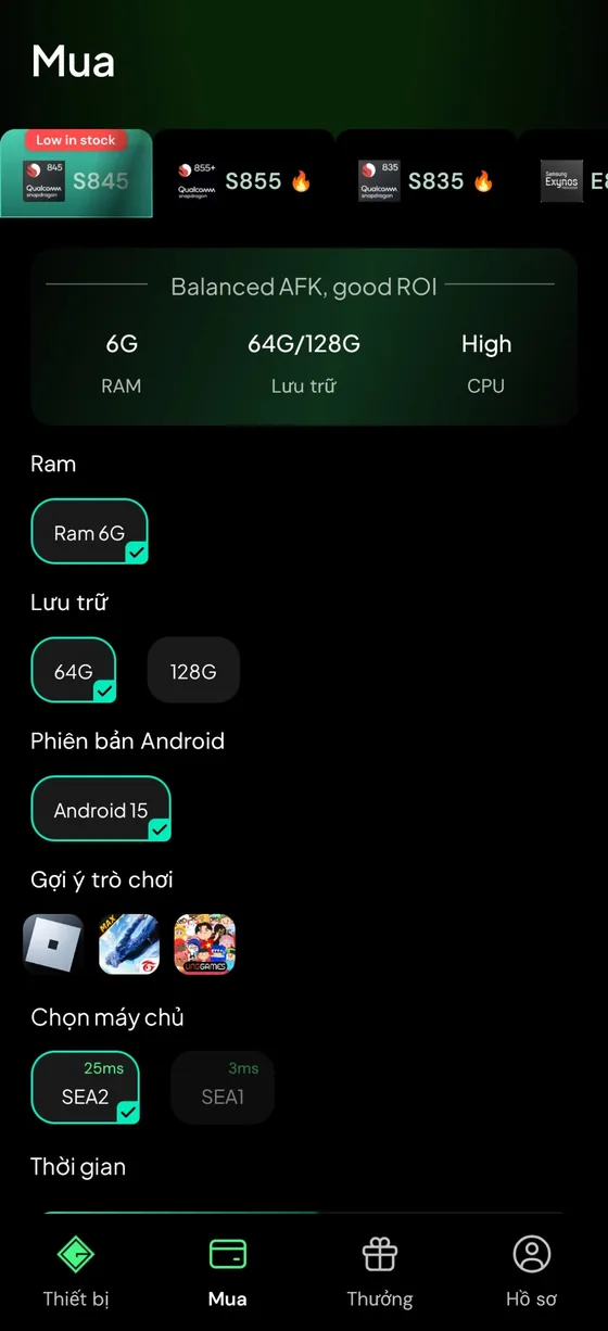 App GenPlay: màn hình thuê máy, chọn chip, RAM, phiên bản Android và máy chủ