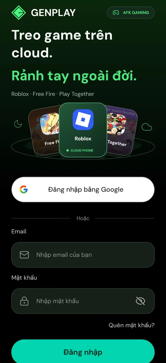 App GenPlay: màn hình chính với thẻ Roblox Cloud Phone