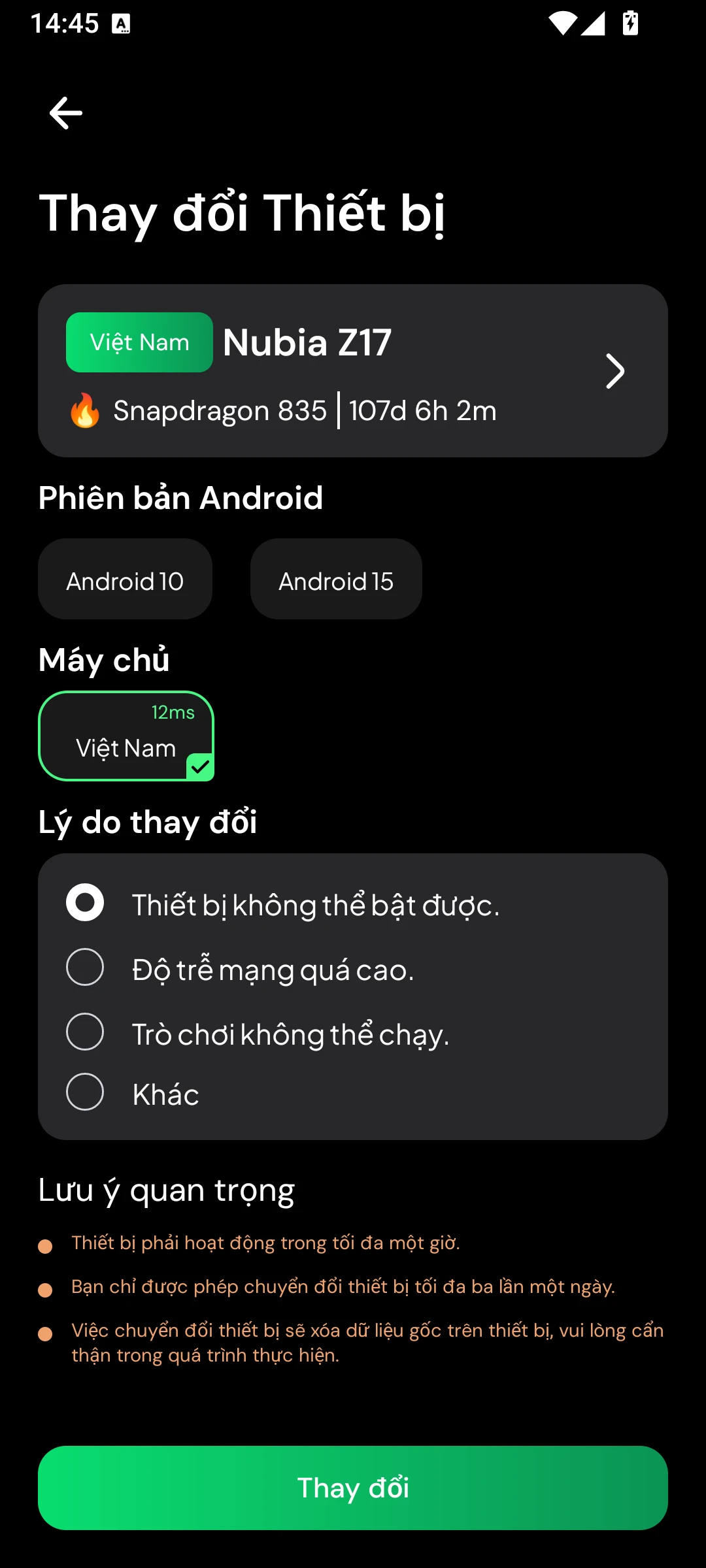 Màn thay đổi thiết bị GenPlay và cảnh báo xóa dữ liệu