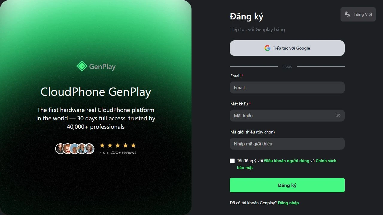 Ô mã giới thiệu tùy chọn trên trang đăng ký GenPlay